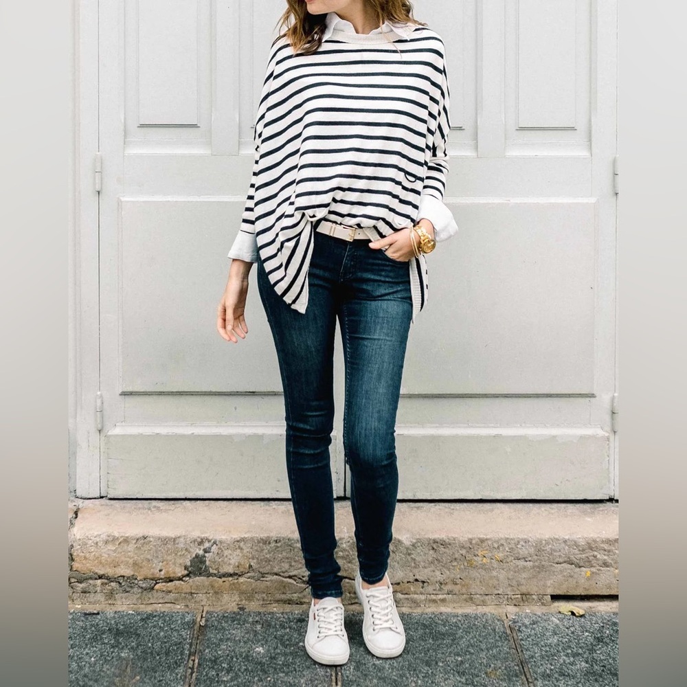 Mersea OS Navy Stripe Knit Catalina Sweater Pullover Oversize Poncho Top Coastal - Picture 11 of 12
